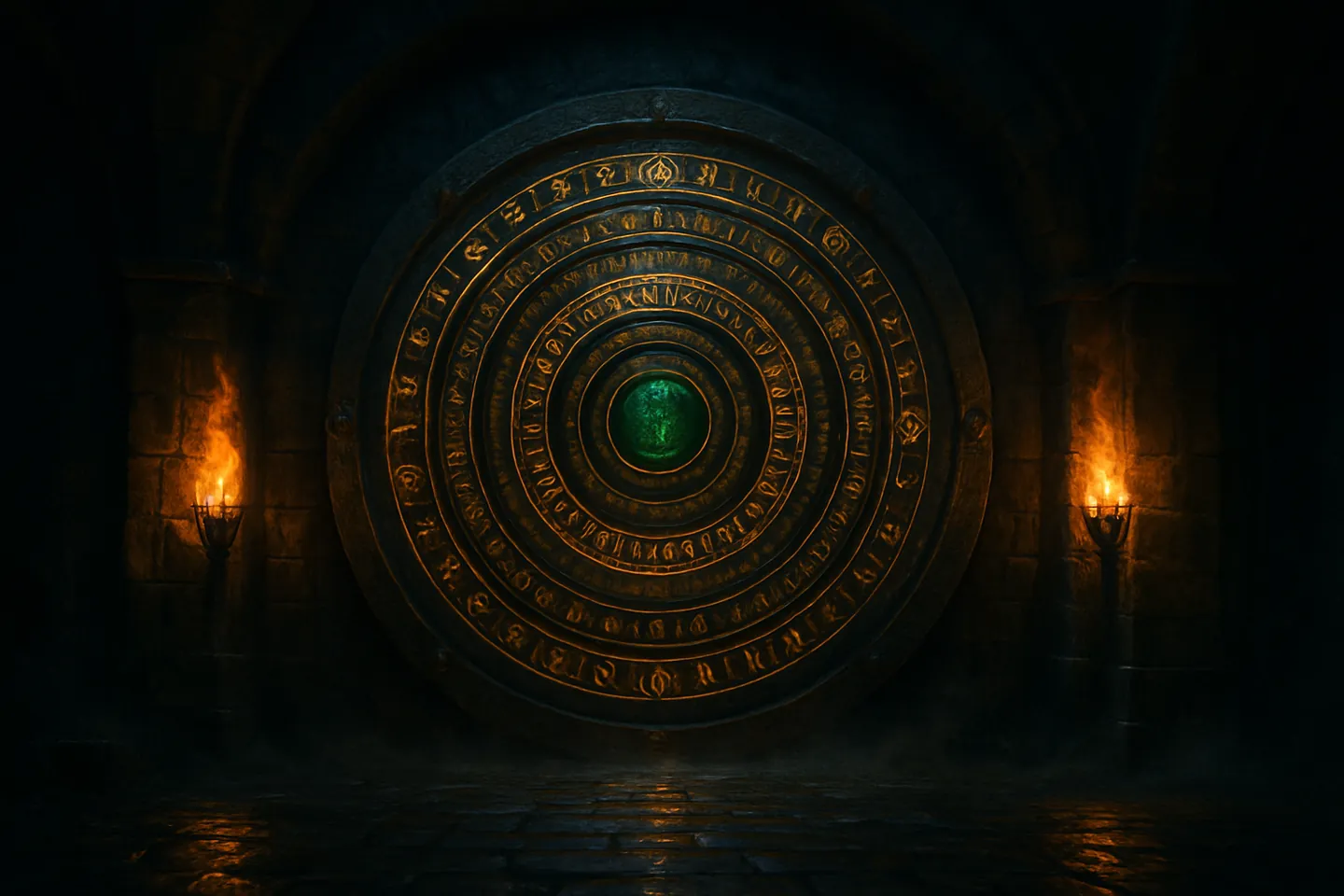 A great runic vault door lit by two torches